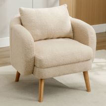 Keepbuying - Fauteuil scandinave Moderne en Velours Teddy avec coussin extra épais,Fauteuil de Salon,Chaise longue à pieds en bois massif - Beige