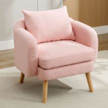 Keepbuying - Fauteuil Scandinave Moderne En Velours Teddy Avec Coussin Extra Épais,fauteuil De Salon,chaise Longue À Pieds En Bois Massif - Rose