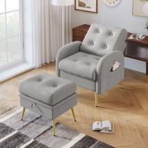 Fauteuil relax, avec repose-pieds, inclinable, dossier réglable en 3 positions, rangement latéral, fauteuil de TV capitonné en Tissu - Gris