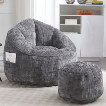 Dans Les Nuages - Fauteuil relax, avec repose pieds, mousse haute pression pouf, poches latérales, adulte canapé Chaise en Tissu - Gris