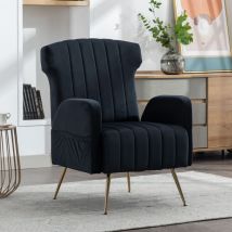 Hauss Spole - Fauteuil relax, chaise simple de loisirs avec pieds dorés, velours, noir