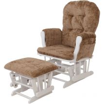 Fauteuil relax HHG 009, fauteuil à bascule Fauteuil à bascule avec pouf Tissu Chenille (465g/m²) Öko-Tex, marron clair, piètement blanc