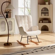 Fauteuil relax,Fauteuil à bascule, rocking chair en velours teddy, pieds en bois massif, pour salon, chambre, beige, 92x75x69cm