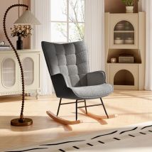 Fauteuil relax,Fauteuil à bascule, rocking chair en velours teddy, pieds en bois massif, pour salon, chambre, gris foncé, 92x75x69cm