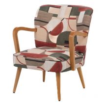 Hellin - Fauteuil rétro en tissu motifs géométriques et accoudoirs en bois - honey