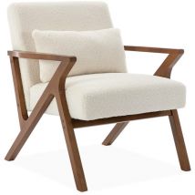 Sweeek - Fauteuil scandinave bois d'hévéa finition teinté noyer clair et bouclette blanche antoine
