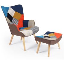 Fauteuil scandinave IVAR avec repose pieds en tissu patchwork multicouleurs et imprimé pied de poule