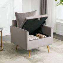 Fauteuil tissu en velours avec rangement et coussin - pieds en métal doré - gris