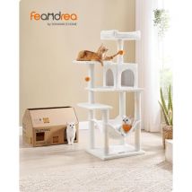 Feandrea - rbol para Gatos, Altura 143 cm, Torre de Gatos, con 4 Postes Rascadores, 2 Plataformas, 1 Cueva, 1 Hamaca, 2 Pompones, Tela de Felpa,