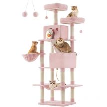 Arbre à Chat, Grande Tour de Jeux, Hauteur 206 cm, avec 13 Griffoirs, 1 Planche à Griffer, 2 Plate-Formes, 2 Niches, Panier, Hamac, Pompons, Tissu