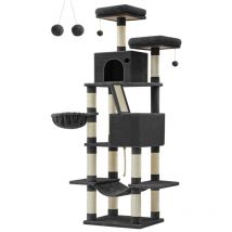 Arbre à Chat, Hauteur 206 cm, avec 13 Griffoirs, 2 Plate-forme, 2 Niches, Panier, Hamac, Pompon, Tissu Peluche, Multi-niveaux pour Chat d'Intérieur,