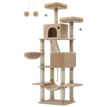 Arbre à Chat, Hauteur 206 cm, avec 13 Griffoirs, 2 Plate-forme, 2 Niches, Panier, Hamac, Pompon, Tissu Peluche, Multi-niveaux pour Chat d'Intérieur,