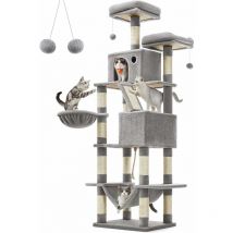 Arbre à Chat, Grande Tour de Jeux, Hauteur 206 cm, avec 13 Griffoirs, 1 Planche à Griffer, 2 Plate-Formes, 2 Niches, Panier, Hamac, Pompons, Tissu