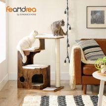 Arbre à Chat, Hauteur 86cm, 3 Plate-Formes et 1 Grotte, Panneau mdf avec placage de Bois, Poteau en sisal, Imitation Fourrure Lavable, Style Vintage,
