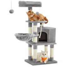 Arbre à Chat Hauteur 110 cm, Tour de Jeux pour Chats, avec Base et 9 Poteaux à Griffer, 1 Plateforme, 1 Niche, 1 Hamac, 1 Pompon, 1 Corde, Tissu