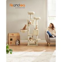 Feandrea - Rascador para Gatos, Árbol Rascador para Gatos, 168 cm de Altura con 13 Postes, 2 Plataformas, 2 Cuevas, Cesta, Hamaca, Pompón, Multinivel
