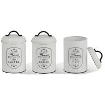 Maestro MR-1771-3CS Paris - Set de 3 récipients de de stockage de en métal pour le sucre et le café, le thé, 3 x 11,3 x 18,5 cm, couleur blanc et