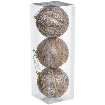 Déco de sapin Lot de 3 Boules de Noël d 8 cm Champagne avec perles et paillettes - Feeric Christmas