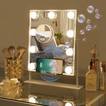 Miroir de maquillage intelligent avec Bluetooth et chargement sans fil, miroir hollywoodien avec 12 ampoules led à intensité variable, blanc 25cm x