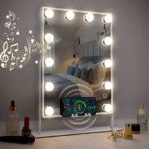 Miroir de maquillage intelligent avec Bluetooth et chargement sans fil, miroir hollywoodien avec 12 ampoules led à intensité variable, blanc 30cm x
