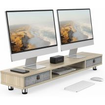Fenge - Dual Monitorständer mit 2 Schublade Großer Bildschirmständer für Computer tv Laptop, Monitorständer,108x23,5x15,2-16,7cm,Eiche