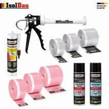 Isolbau - Fensterband Innen Außen Folienkleber Spray Kartushe Auspresspistole Sprühprimer Sprühprimer: Mit Sprühprimer Fensterband: 100mm x 30m Außen