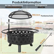 Tlgreen - Feuerstelle für draußen mit rotierendem Grill, Ø76 cm Gartenfeuerstelle zum Grillen, BBQ-Feuerstelle, Feuerstelle, multifunktional