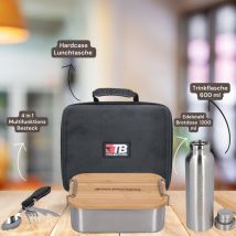 Toolbrothers - Fiambrera Fan con bolsa de transporte impermeable de acero inoxidable con tapa de bambú 1200 ml + botella de agua de acero inoxidable