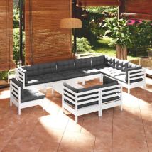 Salon de jardin 11 pcs avec coussins Blanc Bois de pin solide - Fimei