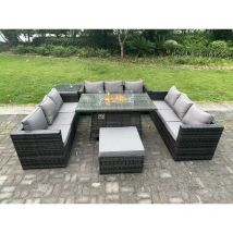 Fimous - 10 Places Rotin Meubles De Jardin Canapé Set Terrasse Extérieure Gaz Foyer Table à Manger Brûleur De Gaz Avec Table D'appoint Grand Tabouret