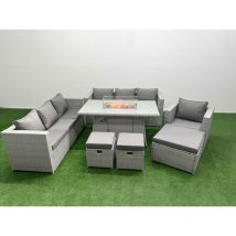 10 Seat pe Rattan Lounge Sofa Set Outdoor Garden Furniture Set with Firepit Dining Table 3 Seater Sofa 3 Stools Light Grey - Fimous
