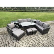 Fimous - 10 Sitzer Outdoor Rattan Gartenmöbel-Set Langer Rechteckiger Esstisch und Sesseln Set mit 3 Sitzer Sofa 3PC Hockern 2 Beistelltischen