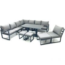 11 Seater Outdoor Aluminum Garden Furniture Set Corner Sofa 3 Footstools Rising Lifting Dining Table Sets Dark Grey - Fimous