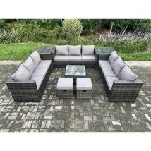 11 Seater Outdoor Rattan Garden Furniture Set Patio Lounge Sofa Set with 2 Side Tables Square Coffee Table 2 Small Footstool Dark Grey Mixed - Fimous
