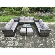 11 Seater Outdoor Rattan Garden Furniture Set Patio Lounge Sofa Set with Side Table Square Coffee Table 2 Small Footstool Dark Grey Mixed - Fimous