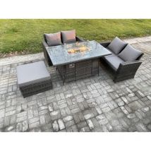 4 pièces Mobilier de jardin extérieur en rotin Foyer à gaz Table à manger Canapé Set ave Grand Tabouret - Fimous