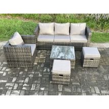 5 pcs Ensemble de meubles de jardin en rotin avec Fauteuil Table basse carrée 2 Petits poufs Mélange gris foncé - Fimous