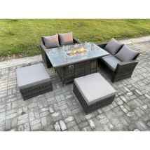 5 Pieces Garden Furniture Sets Poly Rattan Outdoor Patio Gas Firepit Dining Table Sofa Set with 2 Big Footstool - Fimous
