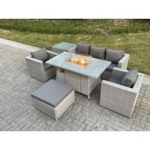 Fimous - 6 places Ensemble de meubles de jardin en rotin ensemble Table de foyer à gaz canapé ave 2 Fauteuil Table d'appoint Grand Tabourets Gris