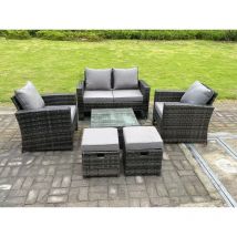 6-Sitzer Dunkelgrau Gemischt Hoher Rücken Rattan Sofa Set mit Quadratisch Couchtisch 2 Hocker Gartenmöbel im Freien - Fimous