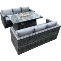 6-Sitzer Outdoor pe Rattan Gartenmöbel Gas Feuer Grube Esstisch Set Lounge Sofa Drei Sitzer Sofa Dunkelgrau gemischte Terrasse - Fimous