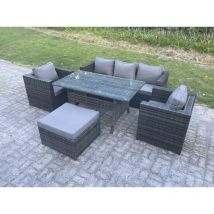 Fimous - 6 Sitzer Polyrattan Gartenmöbel-Set Lounge Sofa Sessel und Rechteckiger Esstisch Set Großer Fußhockers Dunkelgrau gemischt