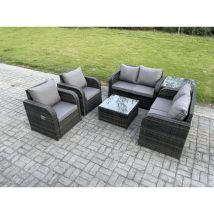 6 places Ensemble de meubles de jardin en rotin avec Table basse carrée Love Sofa Chaises inclinables Tables d'appoint Mélange gris foncé - Fimous