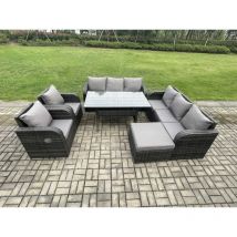 Fimous - 6 Teil Rattan Gartenmöbel-Set mit Terrassen Sofa Rechteckiger Esstisch Großer Fußhocker Terrassen Set