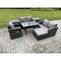 Fimous 7 Pièces Ensemble de meubles de jardin en rotin avec Table à manger Fauteuil Canapé d'amour 2 Tables d'appoint Grand tabouret Gris foncé mixte