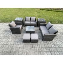 7 Places Ensemble de meubles de jardin en rotin ave Table basse Chaise 2 Table d'appoint 2 Petit Tabouret Gris foncé - Fimous