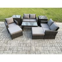 7 Places Ensemble de meubles de jardin en rotin Ensemble de canapés de jardin ave 2 Table d'appoint 2 Grand Tabouret Table basse Gris foncé - Fimous