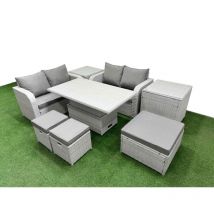 7 Seater Outdoor Love Sofa Set Rattan Garden Furniture Set with Adjustable Lifting Dining or Coffee Table 3 Footstool 2 Side Tables Light Grey