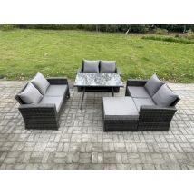7-Sitzer Hoher Rücken Rattan Gartenmöbel Sets mit Rechteckiger Esstisch Loveseat Sofa 2 Großer Hockern - Fimous