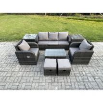 Fimous - 7-Sitzer Polyrattan Gartenmöbel Set Polyrattan Garten Sofa im Freien Set mit Rechteckiger Couchtisch 2 kleine Fußhockern 3-Sitzer Sofa 2